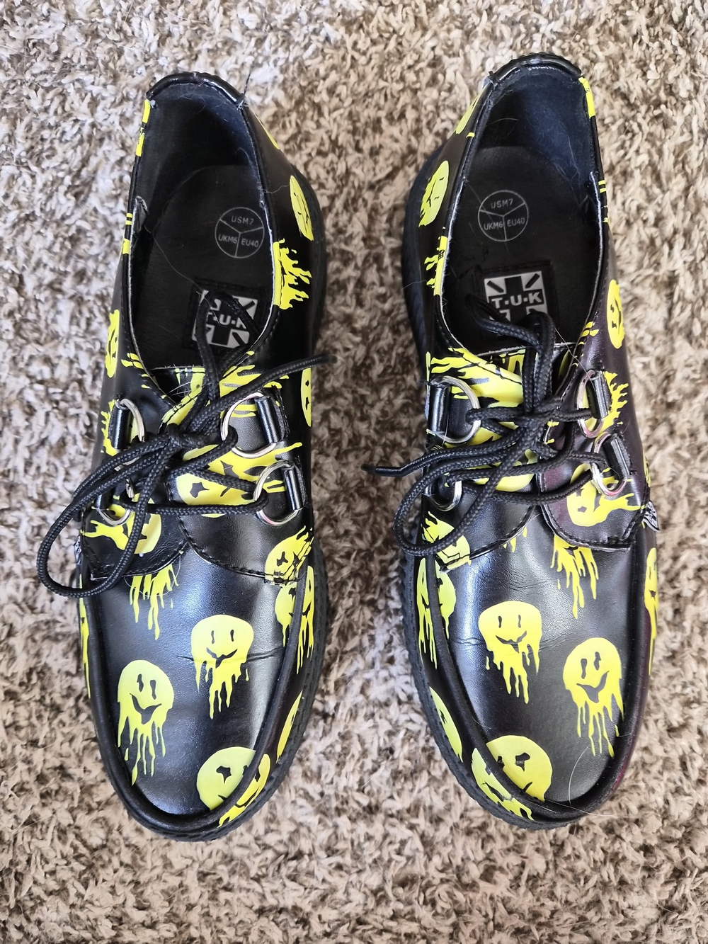 T.U.K Men's Black Leather Lace-Up Shoes with Neon Yellow Smiley Print